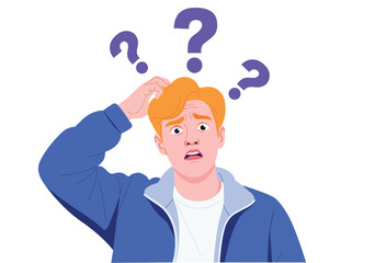 Vector art of confused man scratching head with question marks