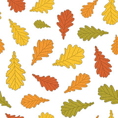 Abstract botanical pattern. Seamless print composed of green, yellow, red, orange silhouette of leaves of oak with black line vein on white background. Botanical colorful background.
