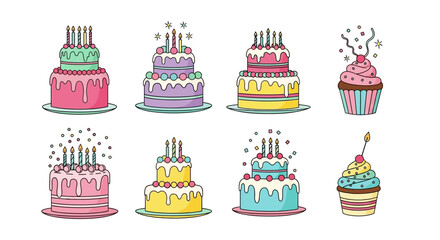 Delightful Assortment of Illustrated Celebration Cakes and Cupcakes Featuring Candles and Sprinkles for Festive Occasions