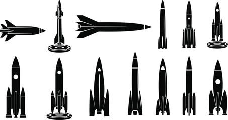 Rocket Silhouette Vector Set &ndash; Twelve Space Launch Vehicles with Boosters and Pads for Aerospace, Engineering, Science, and Futuristic Design Themes