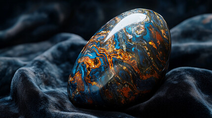 Colorful polished stone with blue and orange patterns on velvet fabric  