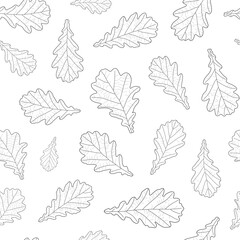 Abstract botanical pattern. Seamless print composed of black line of leaves of oak on white background.