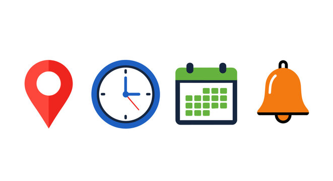 Collection of Icons Representing Location Time Calendar and Notification Symbols for Organization and Planning