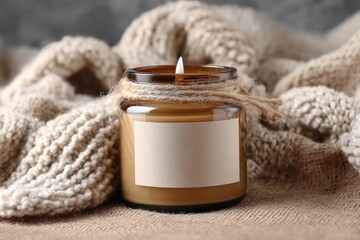 Elegant Label Design for a Beeswax Jar Candle on Rustic Fabric Background