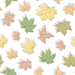 Abstract botanical pattern. Seamless print composed of red, green, yellow, orange silhouette of leaves of maple with black line vein on white background. Botanical colorful background.