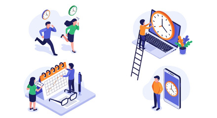 Illustrations depicting effective time management strategies and productivity techniques for professionals and individuals seeking better organization
