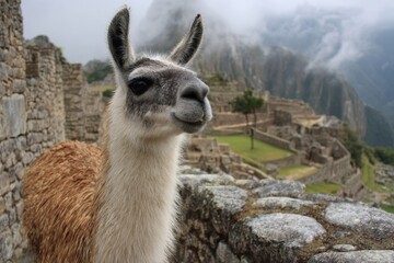 Obraz premium Inca Machu Picchu: Majestic Llama Amidst the Ancient Andes City Adventure