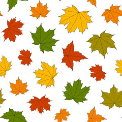 Abstract botanical pattern. Seamless print composed of green, yellow, red, orange silhouette of leaves of maple with black line vein on white background. Botanical colorful background.