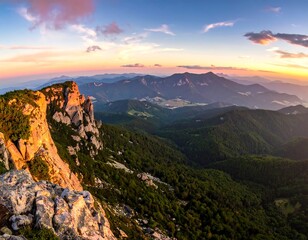 A breathtaking vista of a mountain range at sunset, showcasing rugged cliffs, lush forests, and a vibrant sky filled with warm colors.