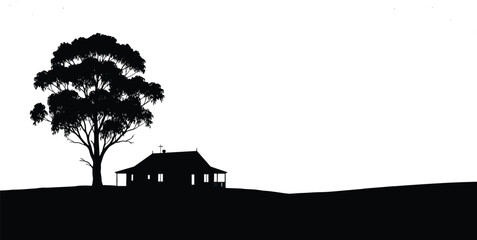 Rural Tree and Church Silhouette Vector – Peaceful Landscape with Canopy and Cross for Nature, Faith, Architecture, and Design Themes