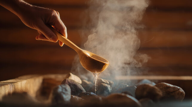 Hand pouring water on hot sauna stones.