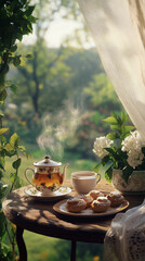 Tea and pastries on wooden table in garden with flowers and sunlight  