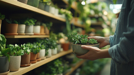 Woman holding succulent plant while shopping in a garden center  