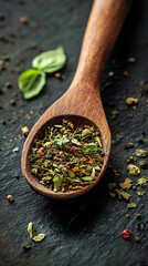 Dried herbs and spices in wooden spoon on dark stone background  