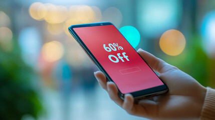 Person holding smartphone displaying 60% off sale notification  