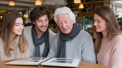 Grandfather, man, and two women looking at photo album, reminiscing about past memories. Family bonding and sharing old pictures. Generational connection.