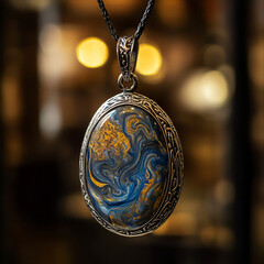 Colorful pendant with swirling blue and gold design on a chain  