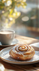 Cinnamon roll on a plate with coffee cup and flowers in background  