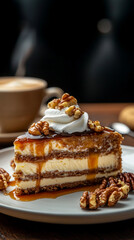 Slice of caramel cake with nuts and cream on a wooden table  