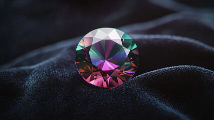 Colorful crystal gemstone resting on soft dark velvet fabric  