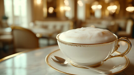Close-up of cappuccino in white cup on marble table indoors  