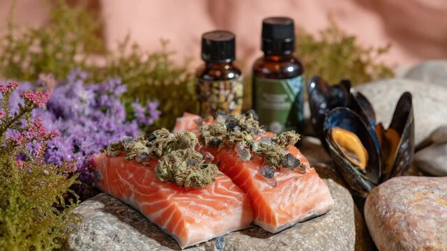 A vibrant wellness display of salmon, mussels, seaweed rolls, supplements, and Himalayan salt on a pastel background promoting thyroid health.
