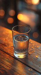 Clear glass of water with condensation on wooden table  