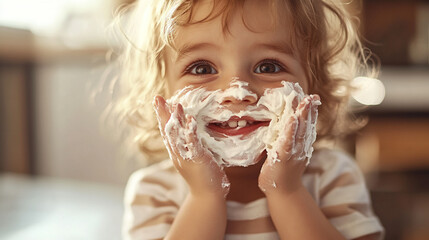 Toddler playing with cream and smiling in a cozy kitchen  
