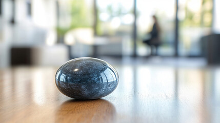 Smooth blue stone resting on wooden table in modern interior  