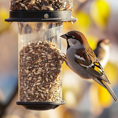 Sparrow feeding at bird feeder filled with sunflower seeds outdoors  