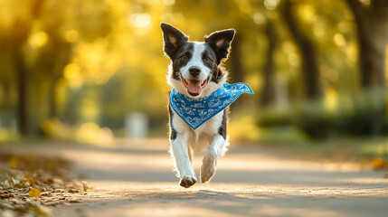 Happy dog running with blue bandana on autumn path in the park  