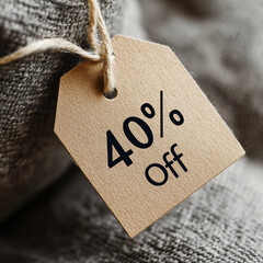 Discount tag showing 40% off on cozy fabric background  