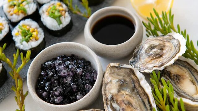 A minimalist wellness flat lay with iodine supplements, sushi rolls, and raw oysters on slate plates against a white background.