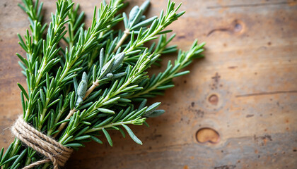 Fresh sprigs of rosemary tied with twine on wooden surface, providing aromatic fragrance. Rosemary sprigs lend themselves to culinary use with intense flavor, adding depth to many dishes.