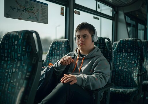 Teen with Down syndrome wearing headphones sitting alone on public bus during daytime commute with city background and thoughtful peaceful expression - Powered by Adobe