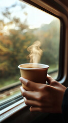 Person holding steaming coffee cup by train window in autumn  