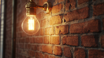 Vintage light bulb glowing on exposed brick wall interior  