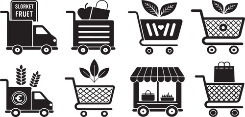 Supermarket Trolley and Shop Icons Illustration