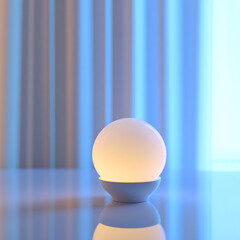 Modern spherical lamp glowing softly on reflective surface indoors  
