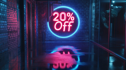 Neon sign displaying 20% off sale in a modern, reflective hallway  