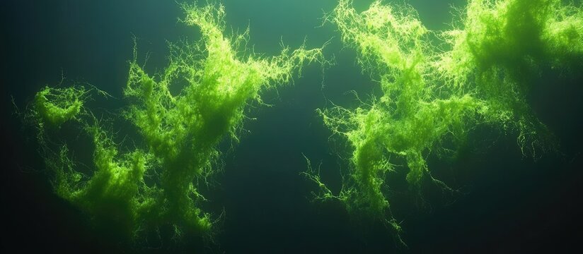 Ethereal Underwater Green Algae Bloom in Dark Water, Abstract Aquatic Scene