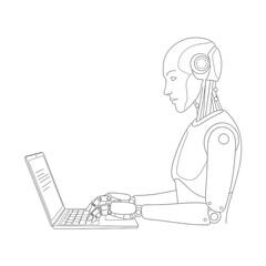 Advanced AI humanoid robot diligently typing on a modern laptop, symbolizing the exciting future of work and innovation.