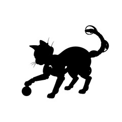 Obraz premium Playful robotic cat silhouette with segmented limbs and tail, actively batting a small round toy.