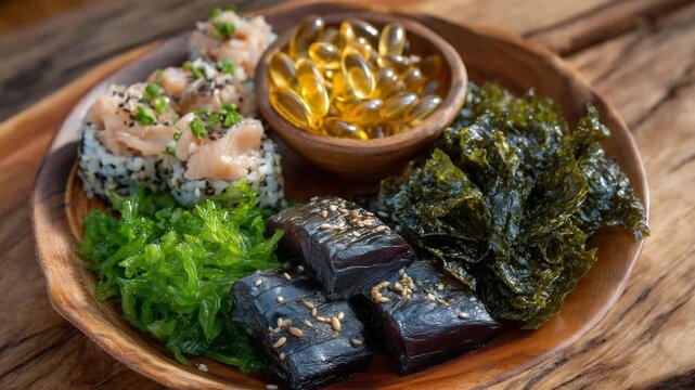 Discover a stunning top view of a wooden platter showcasing iodine-rich superfoods like codfish, sushi rolls, seaweed chips, and capsules, enhanced by dramatic natural lighting.
