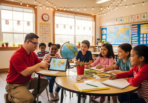 Teacher with Down syndrome showing world map and globe to children in bright classroom promoting inclusion education and diversity in early learning