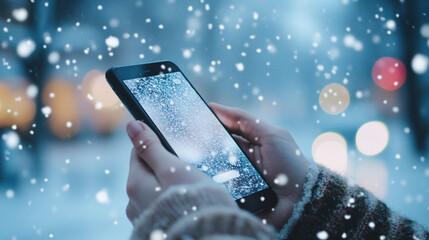 Person holding smartphone while snowing in winter scenery  