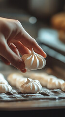Person placing meringue cookie on baking tray in kitchen setting  