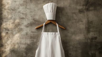 White chef's hat and apron hanging on wooden hanger against wall  