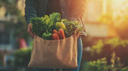 Person holding a canvas bag filled with fresh vegetables outdoors  