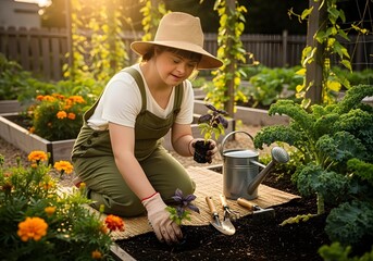 Woman with Down syndrome gardening in raised beds planting herb while wearing sunhat and gloves surrounded by vegetables and flowers in golden light
